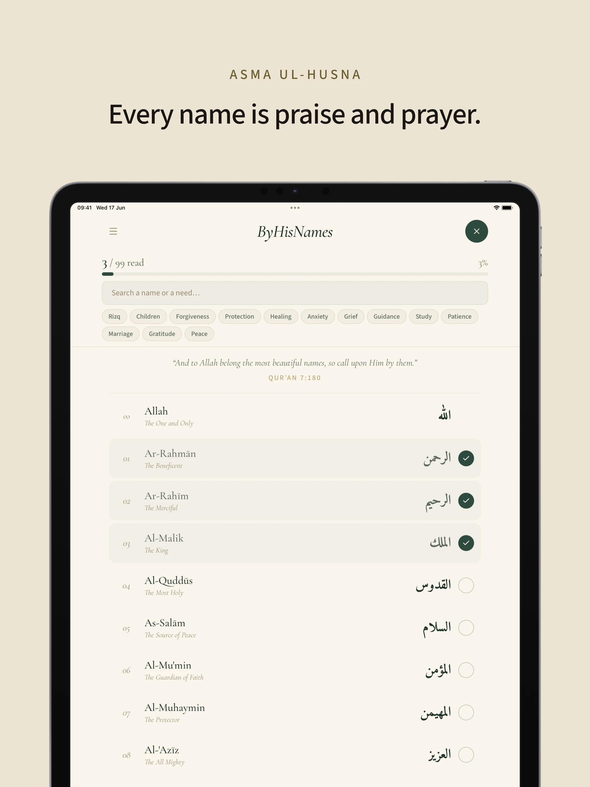 The list of all 99 Names of Allah on iPad, with reading progress kept